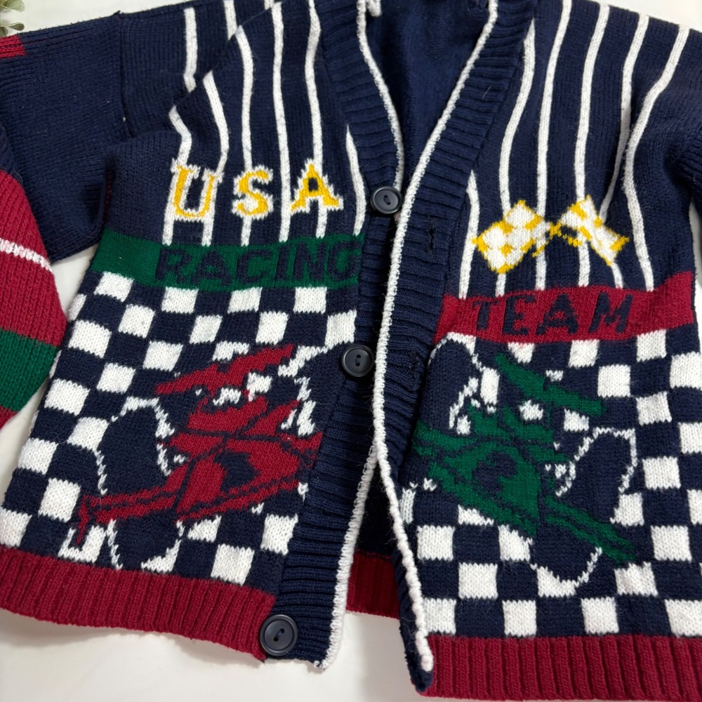 Hot Cashews Kids USA Racing Team Cardigan Sweater Navy Blue Checkered Size 4/5 - Picture 6 of 7
